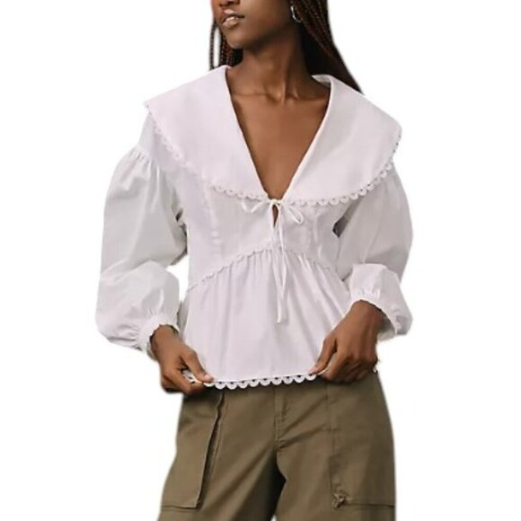 Reformation Tops - Reformation Renna Top, Full Platter Collar, Front Tie, Scalloped, White, Size 8
